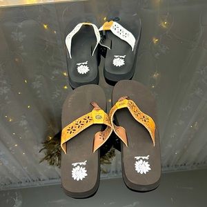 Yellow Box flip flops pair - black worn once, brown never worn 9M